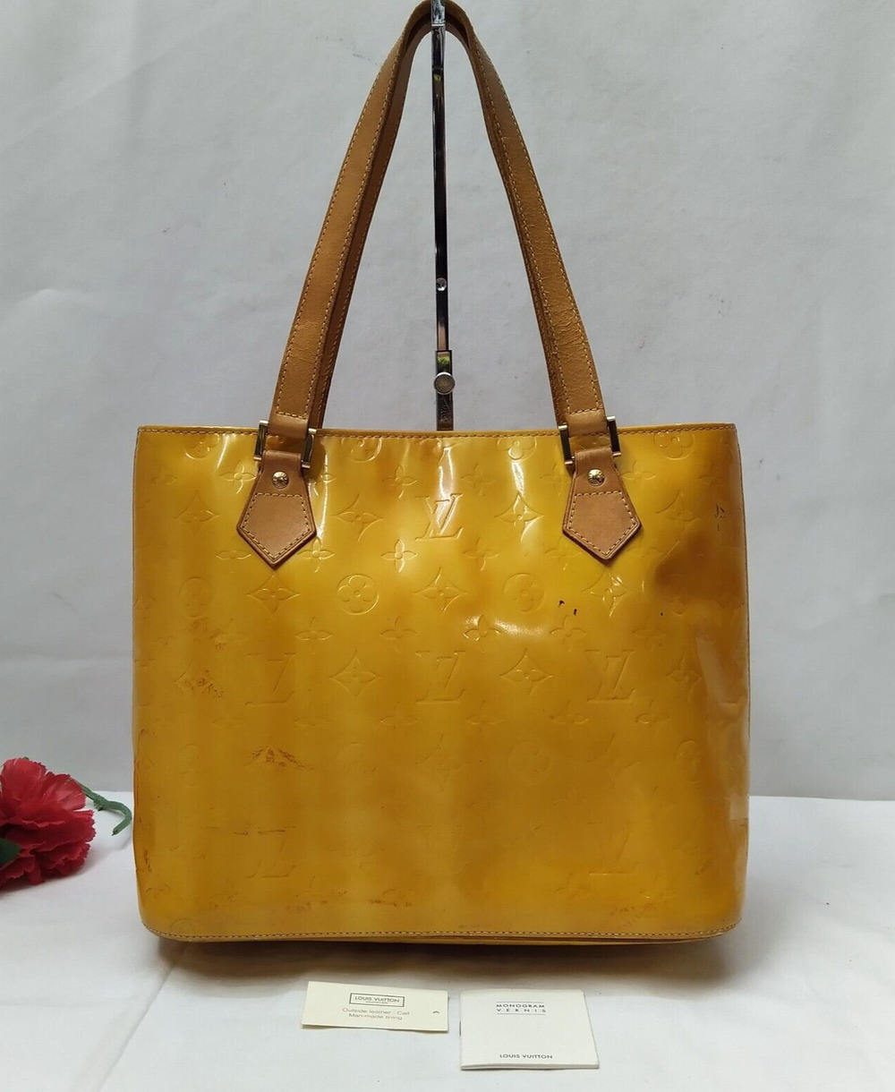 Louis Vuitton Houston Yellow Patent Leather LV Embossed Zipper Closure Tote Bag